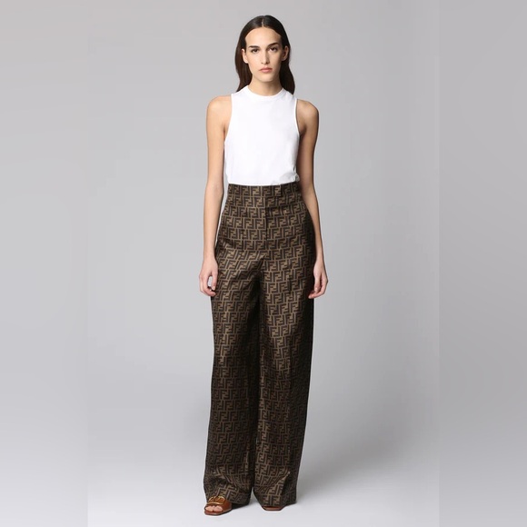 Fendi Pants - Fendi All Over Motif Monogram Silk Wide-Leg Pants Trousers Brown 44